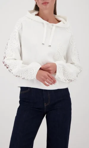 Pull Manches Longues A Capuche Cordons Guipure Fausse Poche Uni Coton