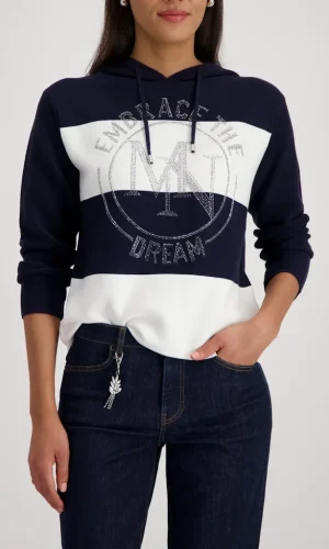 Pull Manches Longues A Capuche Cordons Rayé Motif Placé Strass Coton