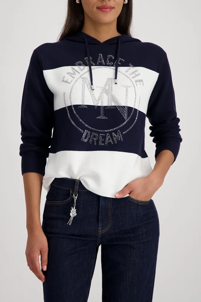 Pull Manches Longues A Capuche Cordons Rayé Motif Placé Strass Coton