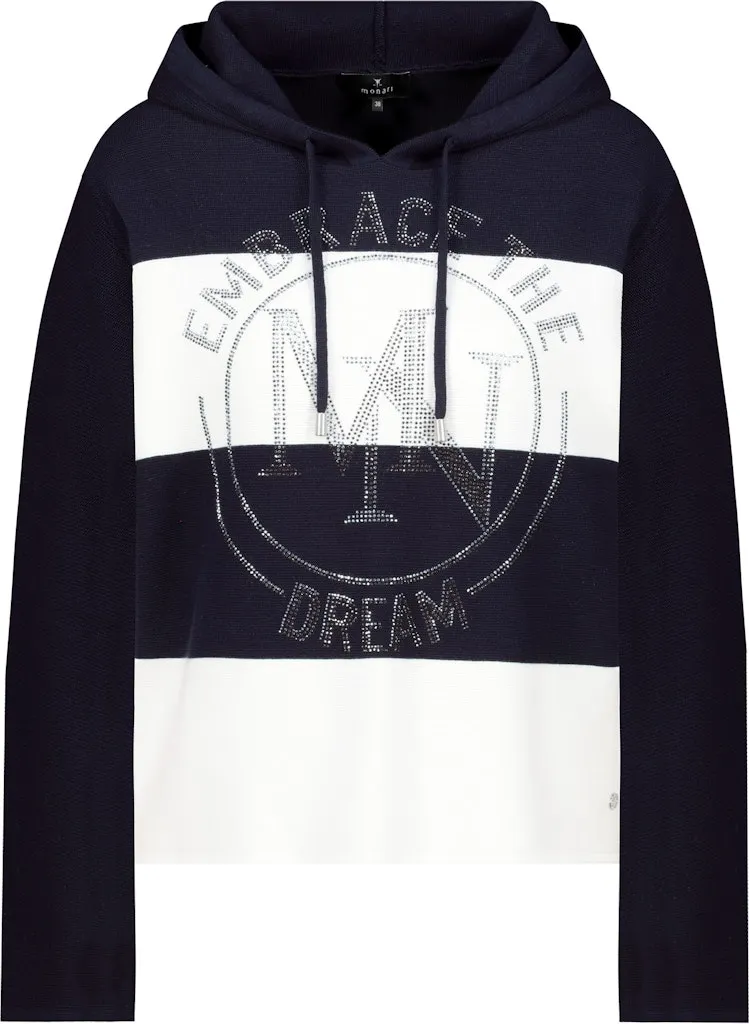 Pull Manches Longues A Capuche Cordons Rayé Motif Placé Strass Coton – Image 6