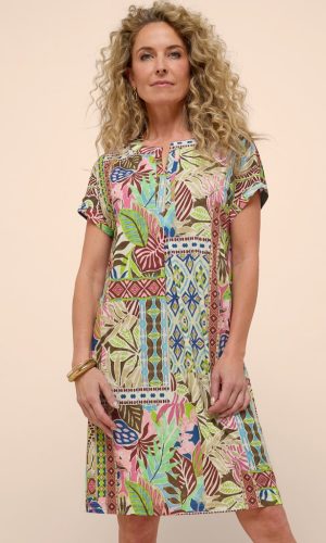 Robe Longueur Genoux Col V Manches Courtes Imprimé Fluide