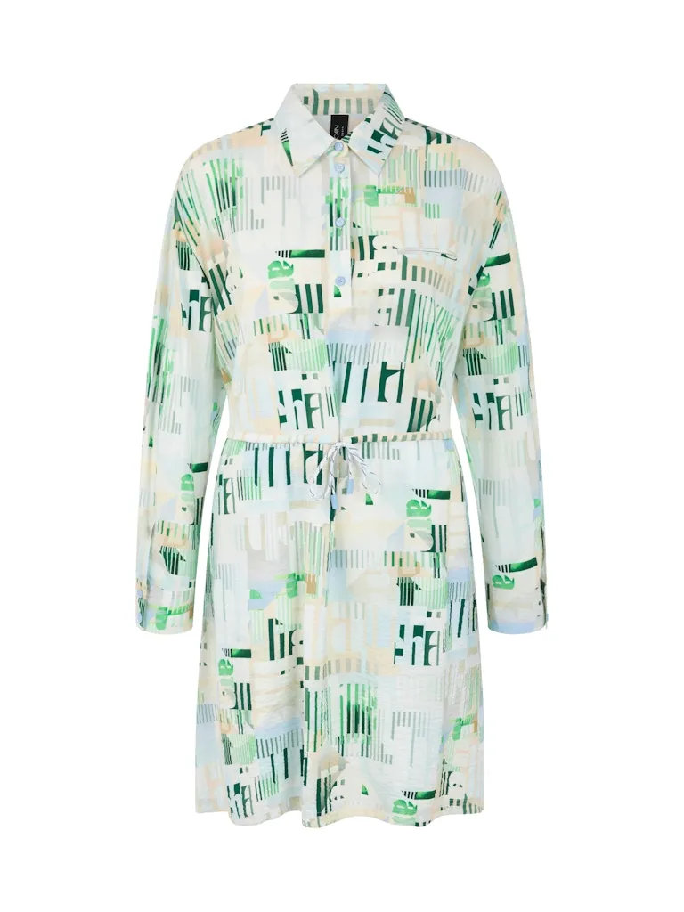 Robe Longueur Genoux Col Chemise Manches Longues Cordons Taille Imprimée Fluide – Image 7