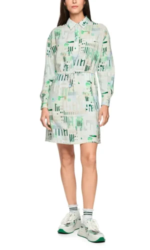 Robe Longueur Genoux Col Chemise Manches Longues Cordons Taille Imprimée Fluide