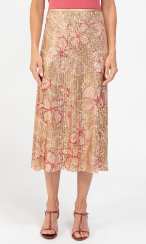 Jupe Midi Evasée Paillettes Fleurs Fluide