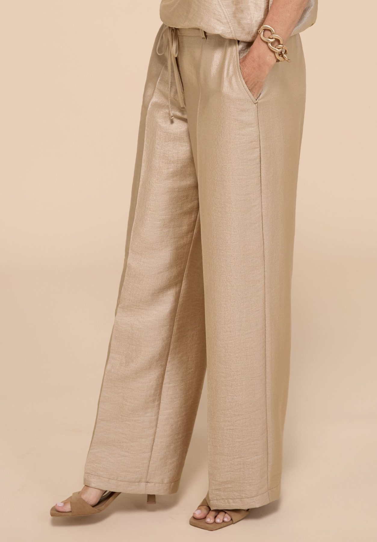 Pantalon Long Taille Moyenne Elastique Cordons Deux Poches Fluide Irisé – Image 3