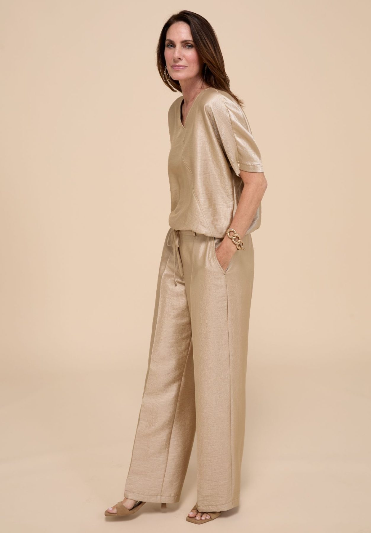 Pantalon Long Taille Moyenne Elastique Cordons Deux Poches Fluide Irisé – Image 7