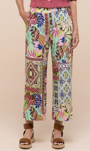 Pantalon Sept-huitième Taille Moyenne Elastique Deux Poches Françaises Fluide Imprimé