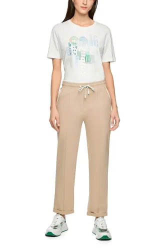 Pantalon Sept-huitième Taille Moyenne Elastique Cordons Deux Poches Françaises Bas Revers Uni