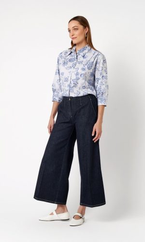 Pantalon Sept-huitième Taille Moyenne Elastique Interieur Deux Poches Françaises Wide Legs Uni