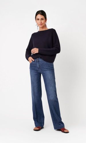 Pantalon Long Taille Moyenne Elastique Quatre Poches Wide Legs Uni Jenny