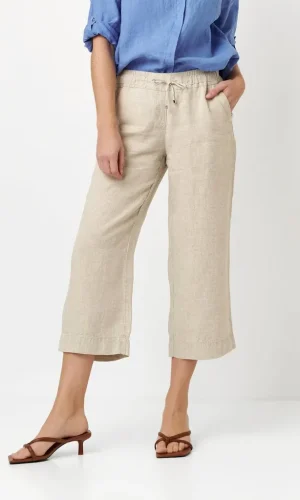 Pantalon Sept-huitième Taille Moyenne Elastique Cordon Quatre Poches Wide Legs Uni Lin