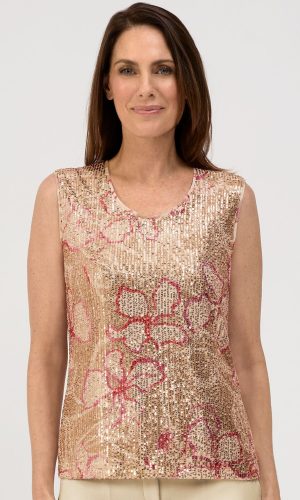 Blouse Col Rond Sans Manches Paillettes Fleurs
