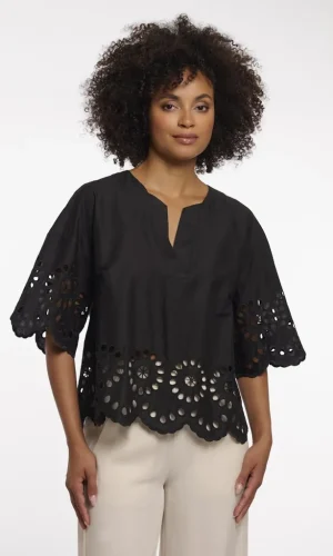 Blouse Col V Manches Coudes Broderie Evasée Unie Coton