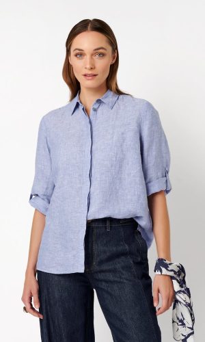 Chemise Manches Trois-quarts A Revers Unie Lin