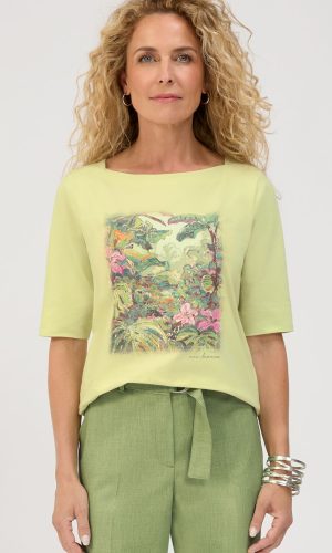 Tee Shirt Col Rond Manches Coudes Motif Placé Forêt