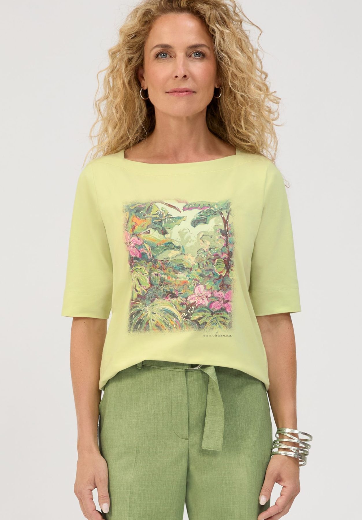 Tee Shirt Col Rond Manches Coudes Motif Placé Forêt