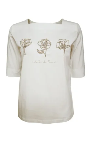 Tee Shirt Col Carré Manches Coudes Motif Placé Brodé