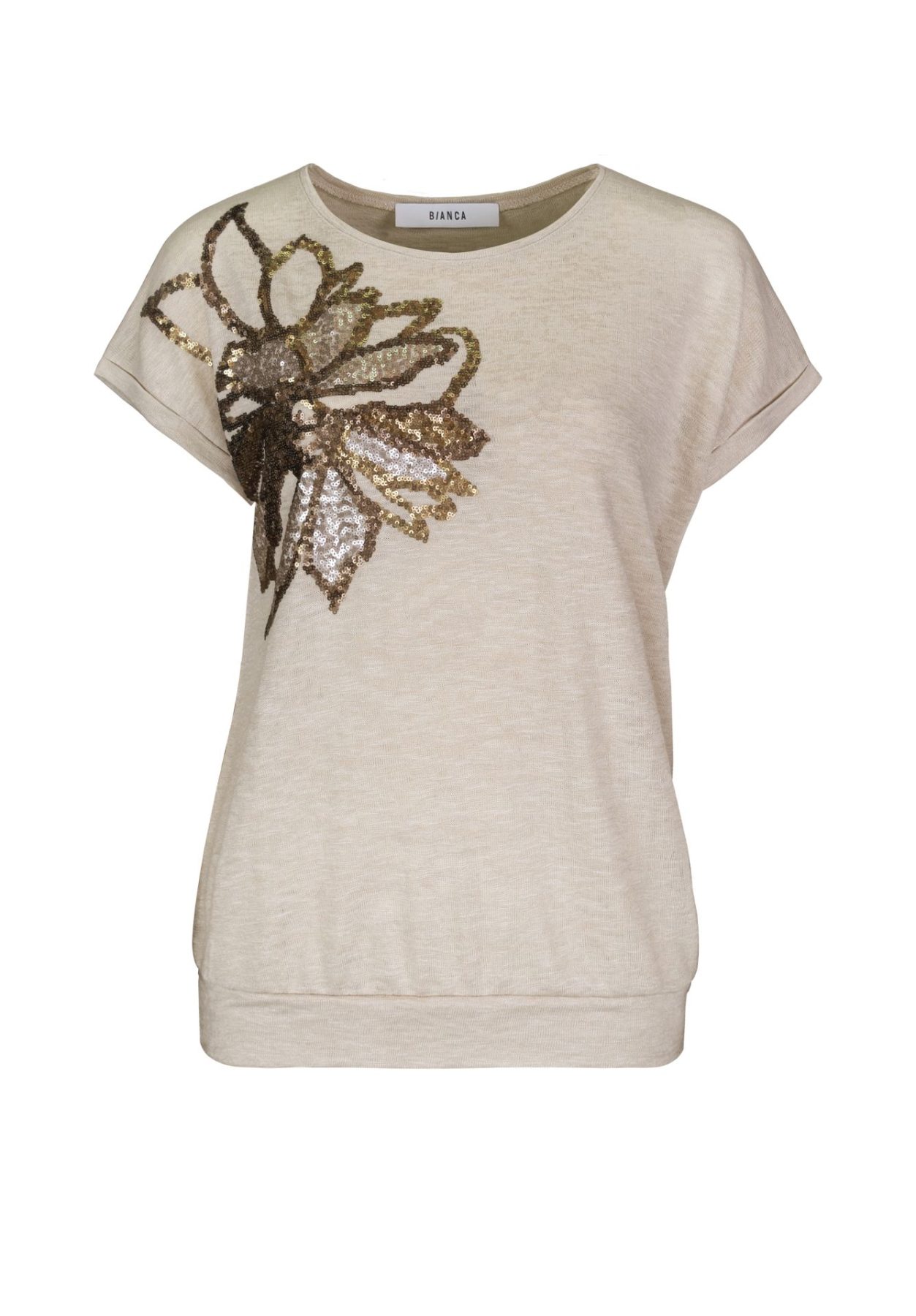 Tee Shirt Col Rond Manches Courtes Motif Placé Sequins Bande Bas – Image 5