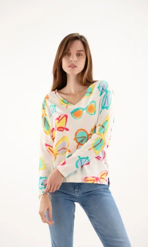 Pull Col V Manches Longues Imprimé Lunettes