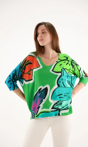 Pull Col V Manches Coudes Imprimé Feuillage Abstrait