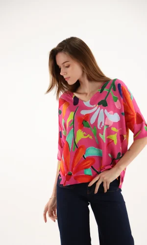 Pull Col V Imprimé Peinture Florale