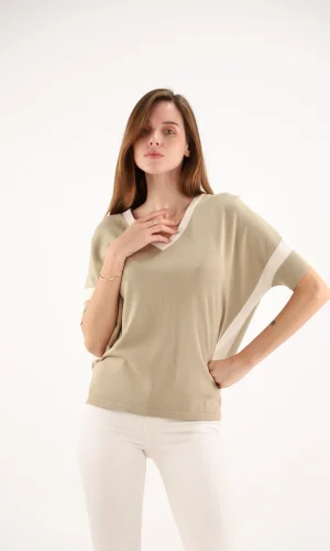 Pull Col V Manches Courtes Bandes Contrastées Soie