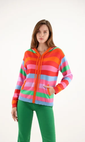 Gilet Manches Longues Zippé Capuche Rayures Cachemire