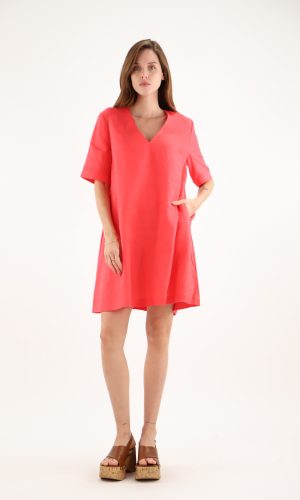 Robe Longueur Genoux Col V Manches Courtes Deux Poches Unie Lin