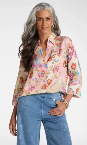 Tunique Col Chemise Manches Trois-quarts Dos Plus Long Imprimé Floral