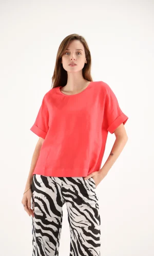 Blouse Col Rond Manches Courtes à Revers Unie Lin