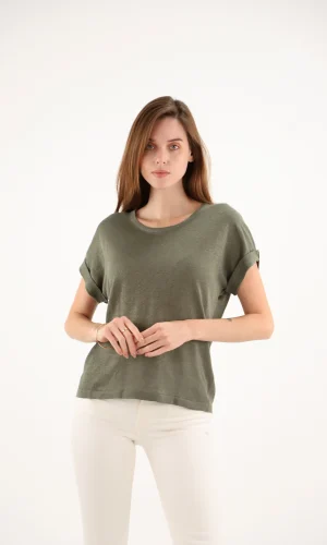 Tee Shirt Col Rond Manches Courtes A Revers Uni Lin