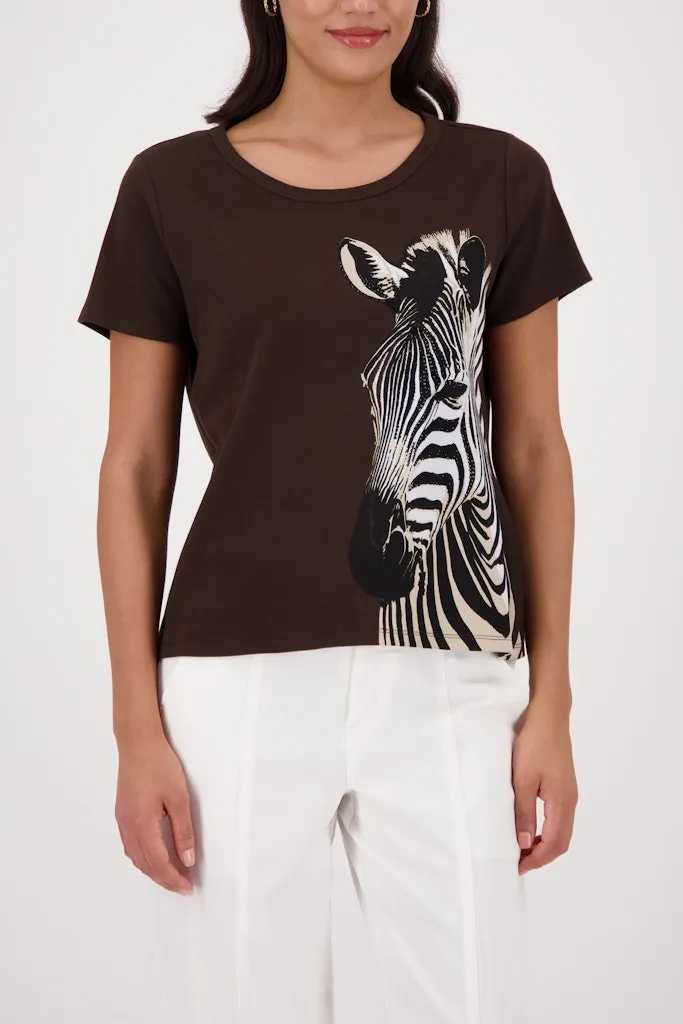 Tee Shirt Col Rond Manches Courtes Motif Placé Strass Maille Cotellée