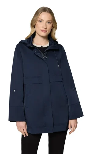 Parka Mi Longue Manches Longues Retroussables Pressions Deux Poches Capuche Amovible Uni Évasée