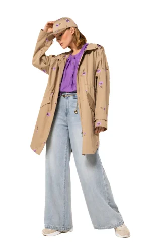 Parka Mi Longue Manches Longues Cordons Ceinture Fleurs Brodées Pressions Zippée Deux Poches Capuche