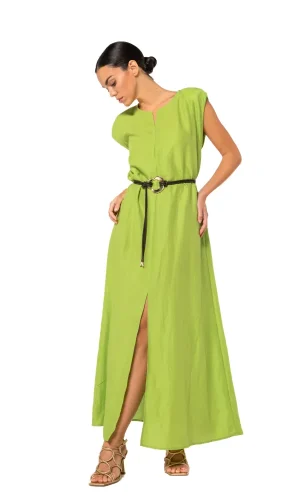 Robe Longue Col V Sans Manches Épaulette Fente Devant Évasée Ceinture Unie