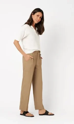 Pantalon Sept-huitième Taille Moyenne Elastique Cordon Deux Poches Plaquées Uni Fluide