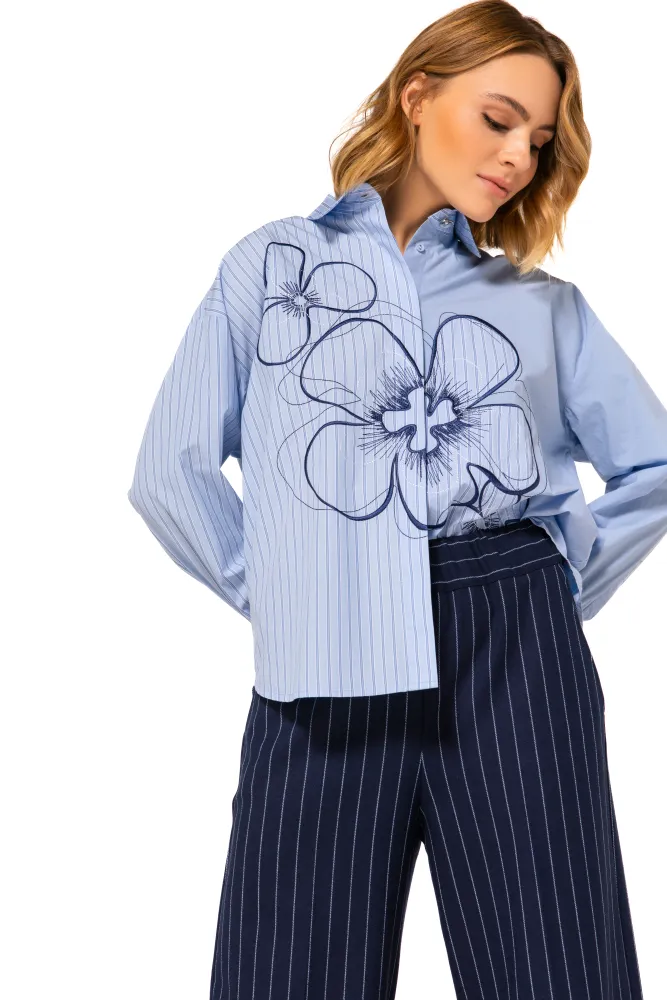 Chemise Manches Longues Brodée Rayée Et Unie Coton