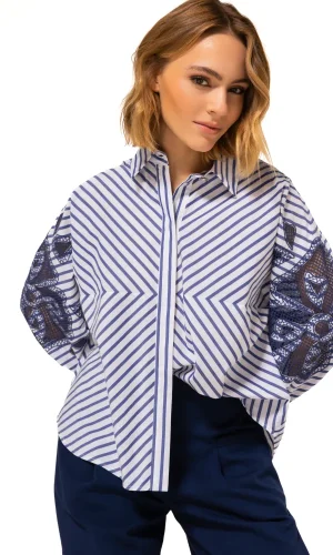 Chemise Manches Longues Rayée Dentelle Coudes Oversized Coton