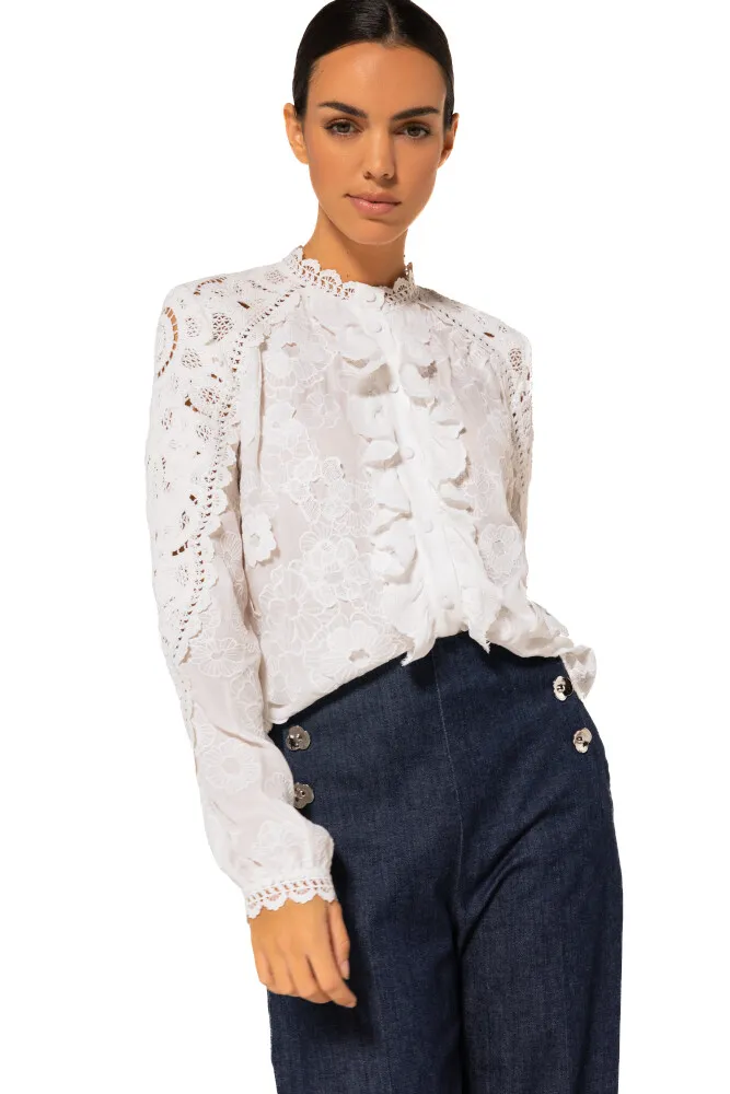 Chemise Col Jabot Manches Longues Brodée Appliquée Dentelle Unie