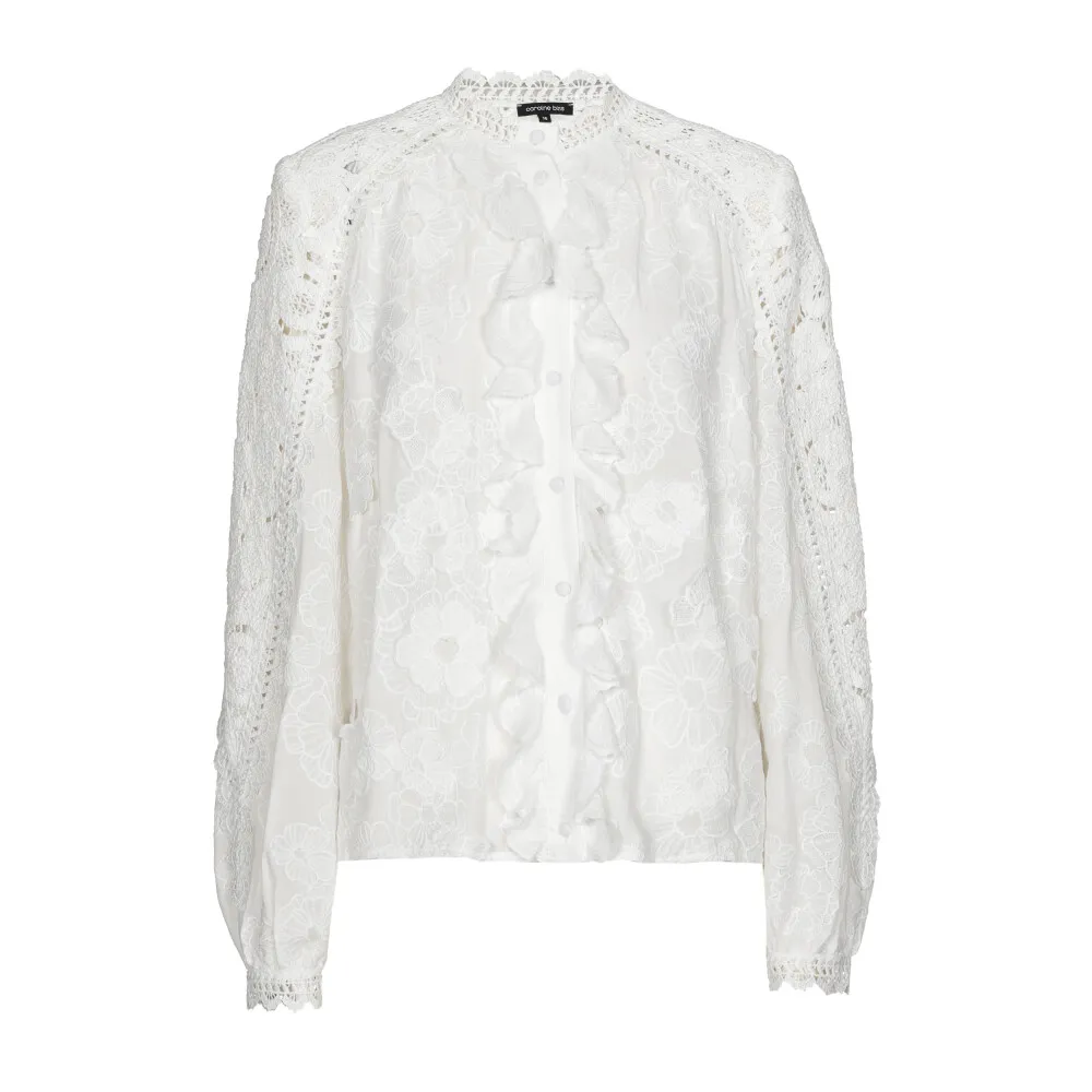 Chemise Col Jabot Manches Longues Brodée Appliquée Dentelle Unie – Image 4