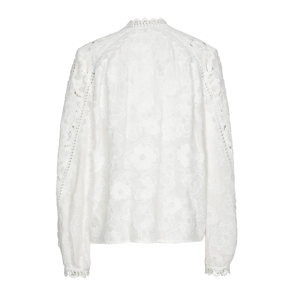 Chemise Col Jabot Manches Longues Brodée Appliquée Dentelle Unie – Image 5