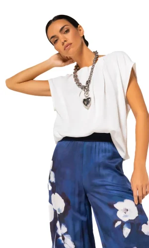 Blouse Col Bateau Plissée Manches Courtes Unie Fluide