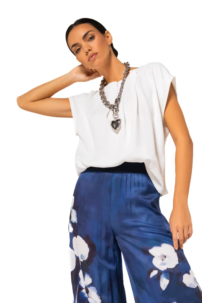 Blouse Col Bateau Plissée Manches Courtes Unie Fluide