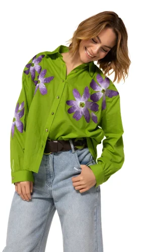 Chemise Manches Longues Fleurs Brodées Sequins Coton