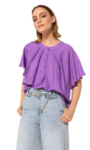 Blouse Col Rond Boutonnée Manches Courtes Fluide Unie