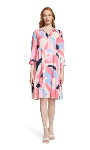 Robe Longueur Genoux Col Polo Manches Longues Étages Imprimée