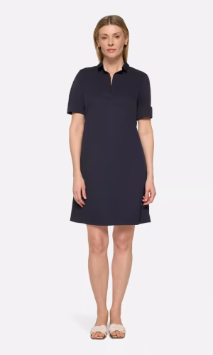 Robe Col Polo Longueur Genoux Manches Courtes A Revers Unie Deux Poches