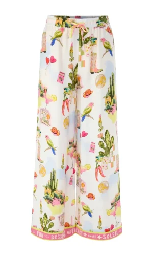 Pantalon Long Taille Moyenne Elastique Cordons Deux Poches Wide Legs Imprimé Fluide Doublé