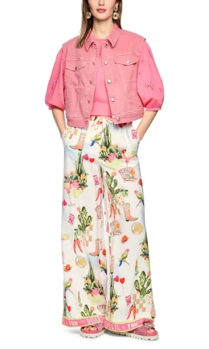 Pantalon Long Taille Moyenne Elastique Cordons Deux Poches Wide Legs Imprimé Fluide Doublé