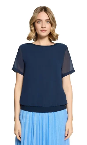 Blouse Col Rond Manches Courtes Transparentes Bas Élastique Unie